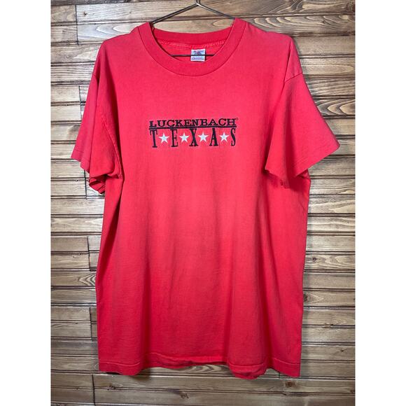 Vintage Luckenbach Texas Embroidered Red T Shirt XL Fruit Made in USA RARE - Picture 2 of 7